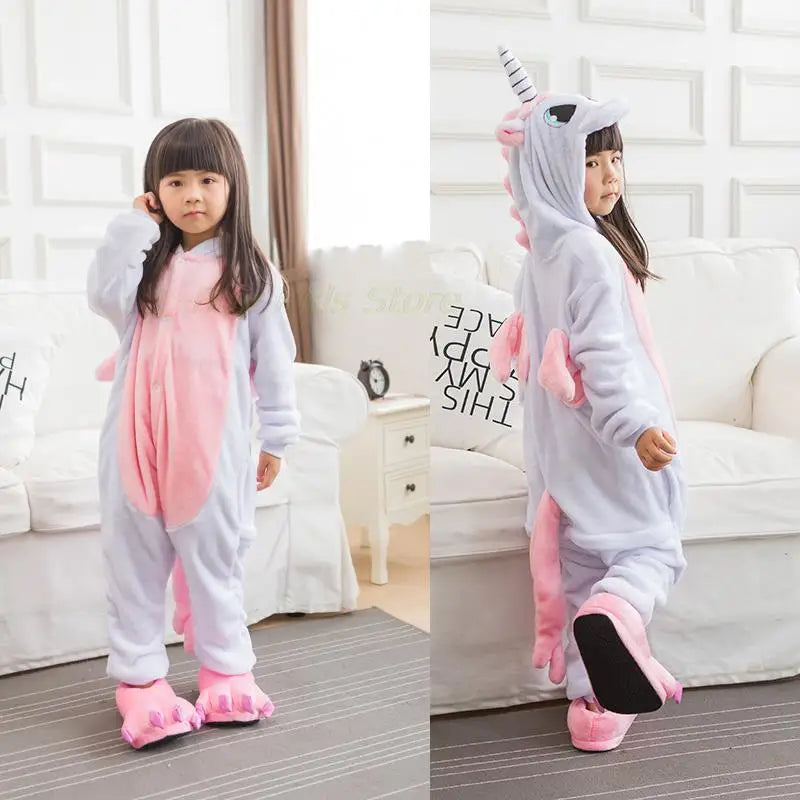 Kids Unicorn Animal Jumpsuits Cartoon Pajamas Cosplay Holiday Costume Cat Panda Flannel Sleepwear for Children Outfits 4-12Yrs