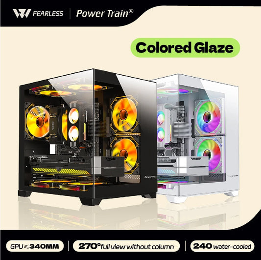 Power Train  Coloured Glaze PC Case Sea View Room 270°full view without column  Desktop Chassis Support 240  Water Cooler