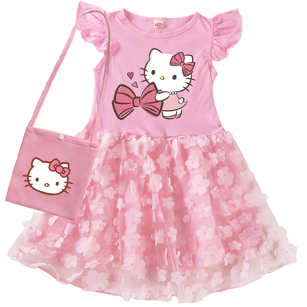 2-10Y Cartoon hello kitty Dress Girls Short-sleeve Casual Dresses with Small Bag Kids Summer Outfits Children Lace Vestidos