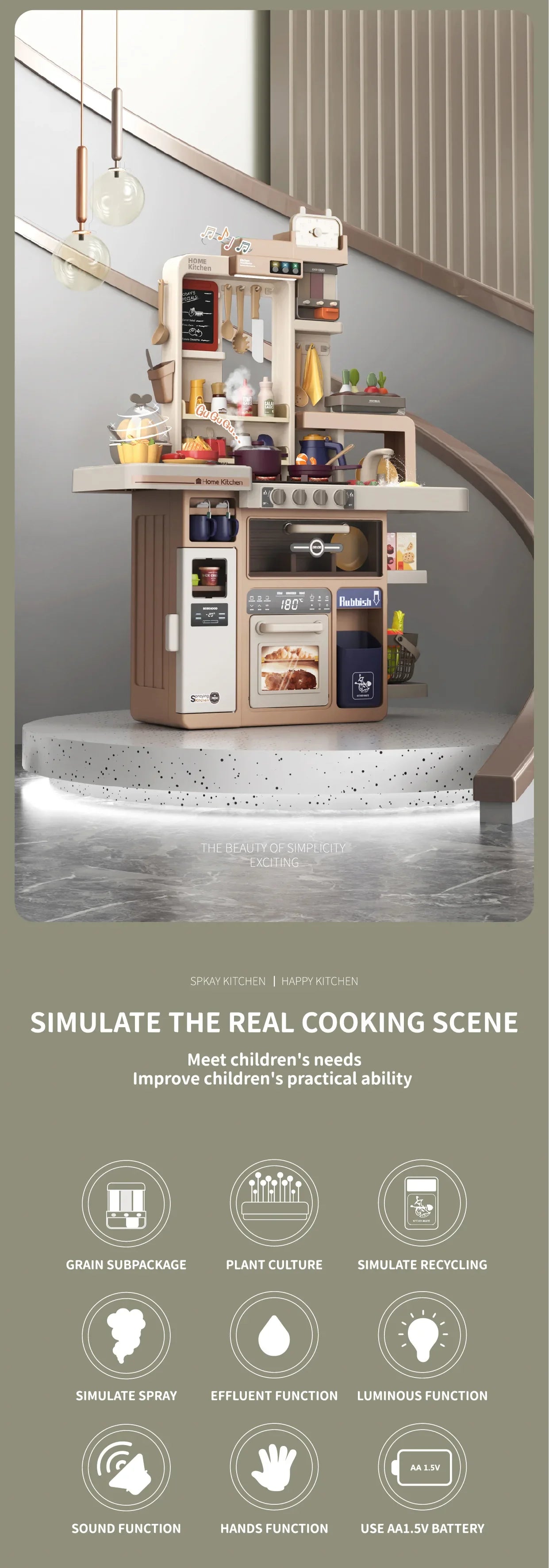 New 93cm Children's Simulated Spray Kitchen Tableware Set Sound Light Smoke Water Tableware Table Toy Christmas Gift Toy