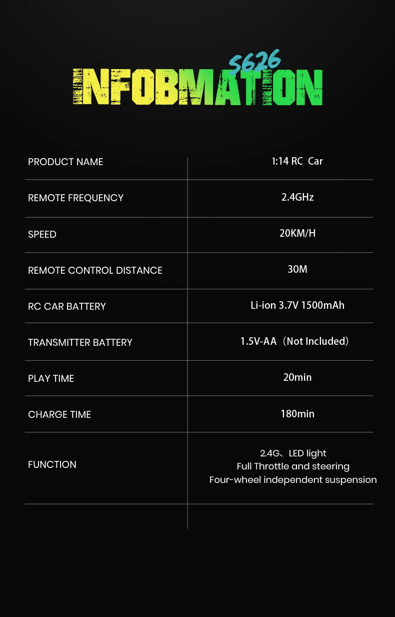 S626/S636 1:14 RC Car 4WD Off-road Monster 20KM/H High-speed Car Translucent Car Shell Drift Racing RC High-speed Boy Toy RC car