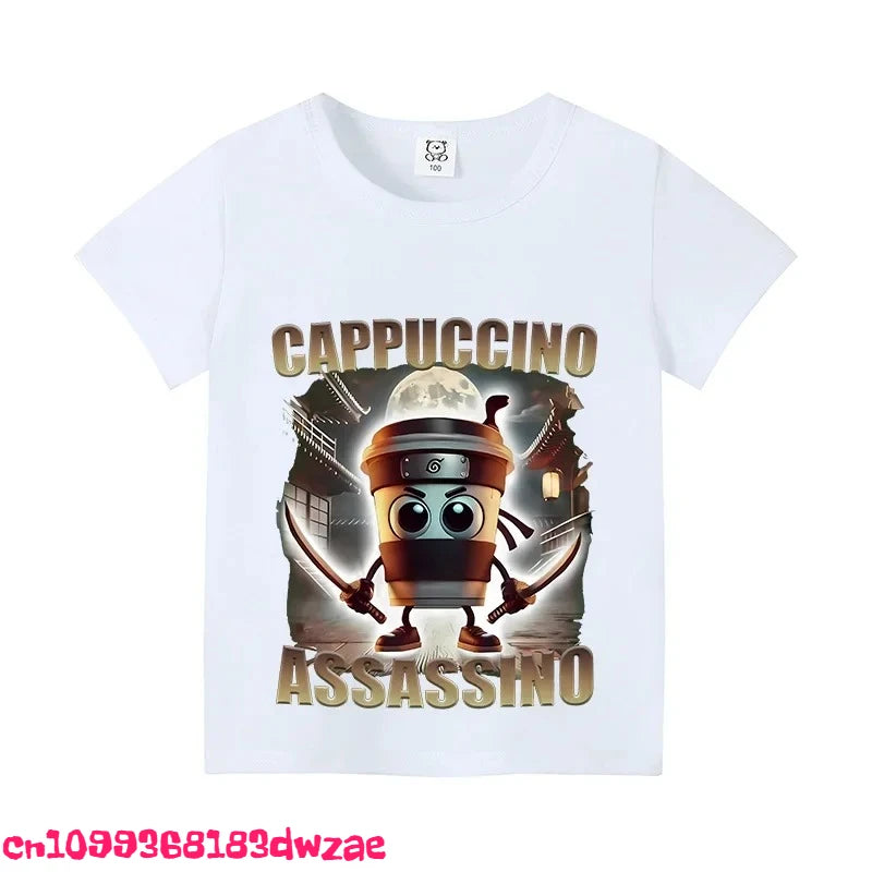 Italian Brainrot Animals Kids Cotton T-shirt Cappuccino Assassino Short Sleeve Tops for Kids Funny Meme Cute Tee Summer Clothing