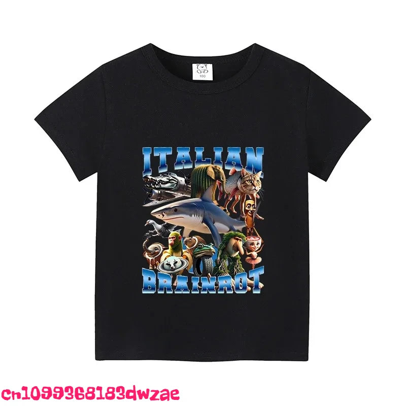 Italian Brainrot Animals Kids Cotton T-shirt Cappuccino Assassino Short Sleeve Tops for Kids Funny Meme Cute Tee Summer Clothing