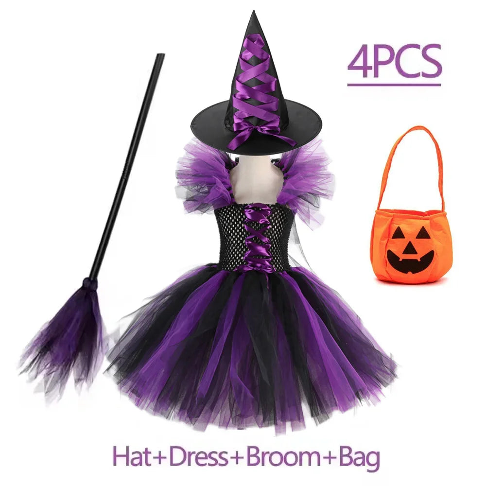 Kids Halloween Witch Costumes for Girls Carnival Party Fancy Dress Children Witches Disguise Tutu Outfit Clothes with Broom Hat