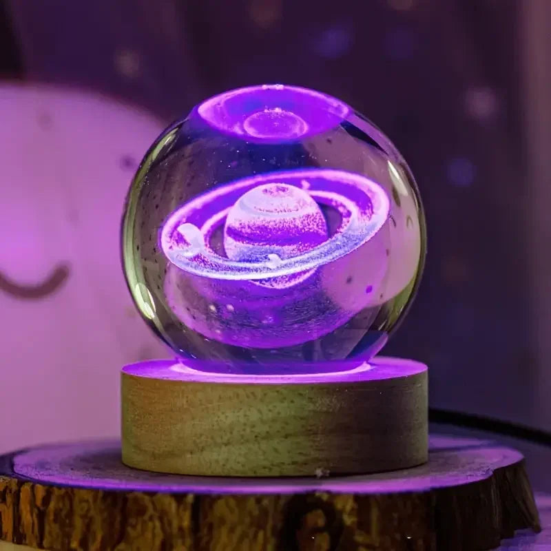 6cm 3D Interior Sculpted Saturn Illuminated Crystal Ball Ornament with Colorful Wood Base Nightlight Indoor Tabletop Birthday
