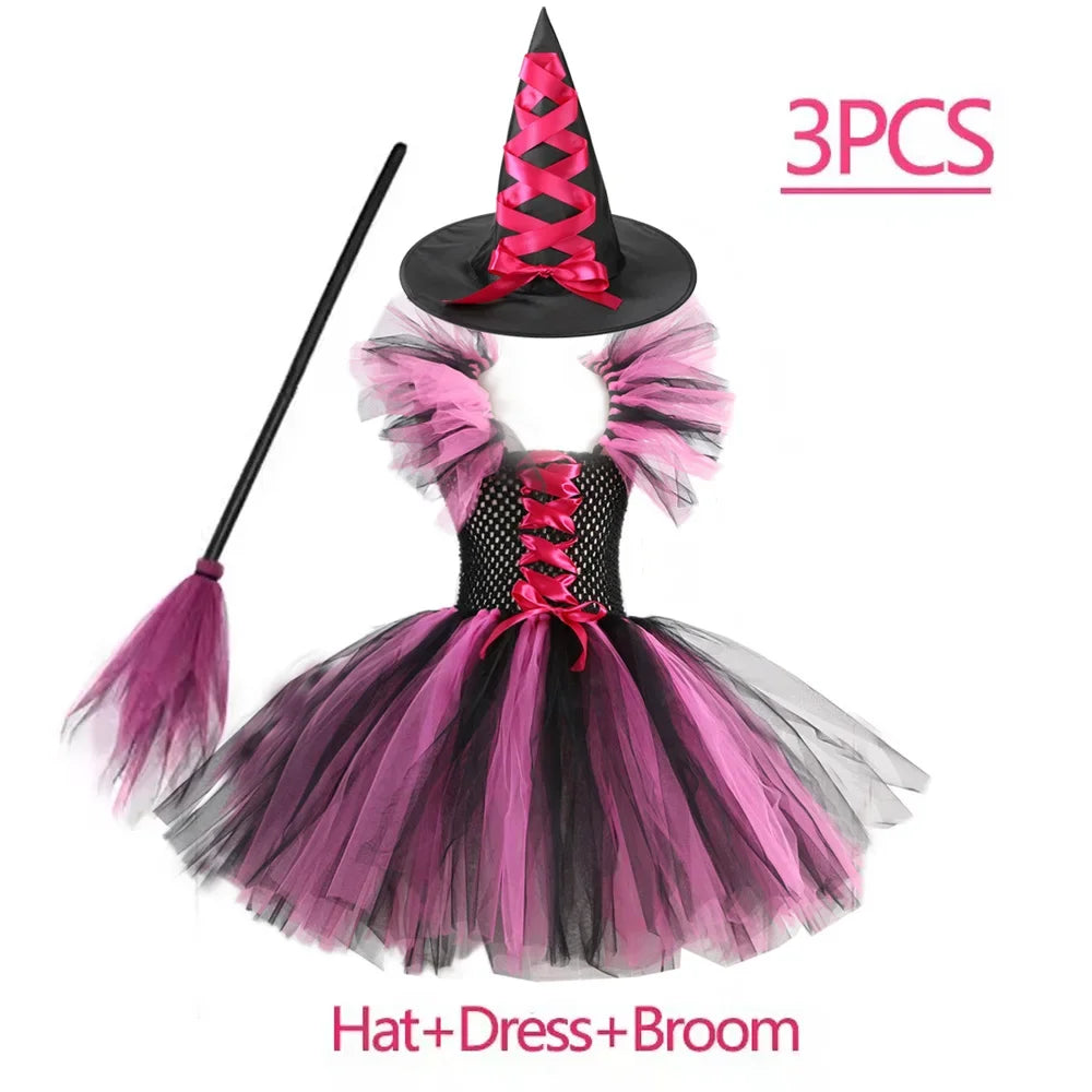 Kids Halloween Witch Costumes for Girls Carnival Party Fancy Dress Children Witches Disguise Tutu Outfit Clothes with Broom Hat