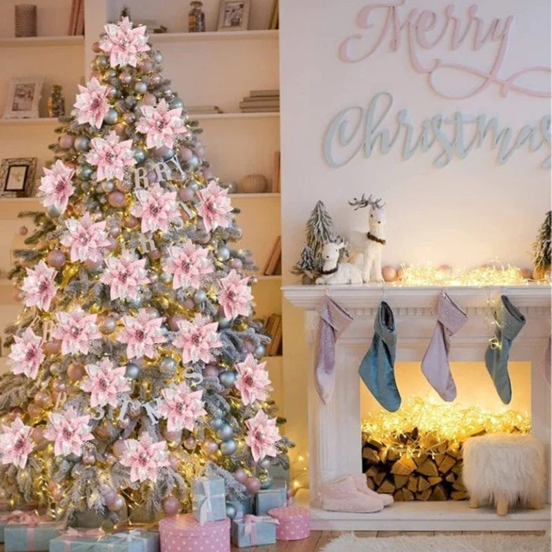 14.5cm Glitter Artifical Christmas Flowers Merry Christmas Tree Decoration Happy New Year Ornaments Xmas Fake Flowers Natal