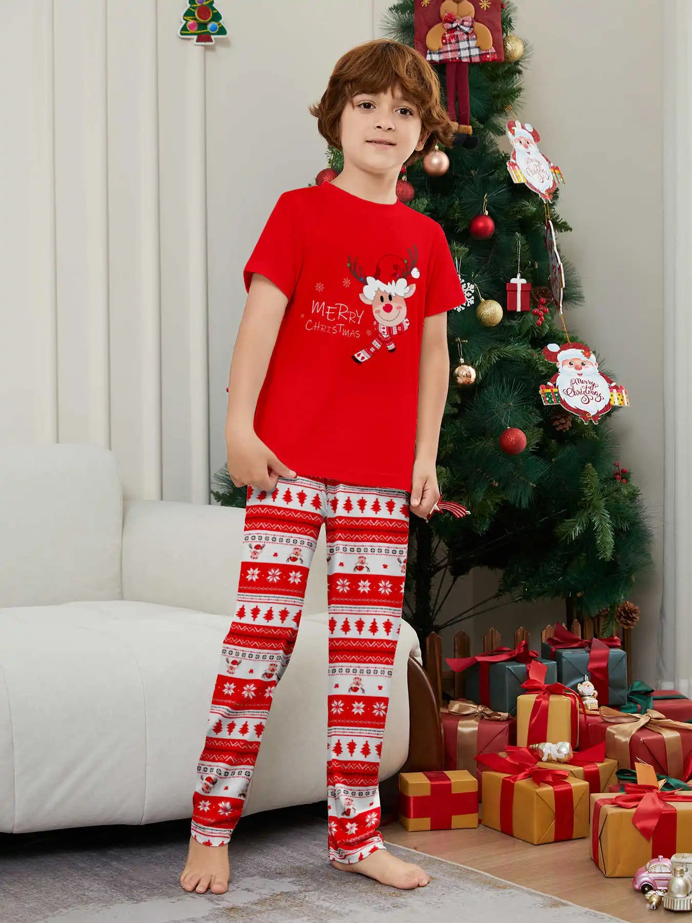 Merry Xmas Family Look Pyjamas Short Sleeve O Neck Sleepwear Adults Kids Christmas Matching Pajamas Set Cute Print 2 Pieces Suit