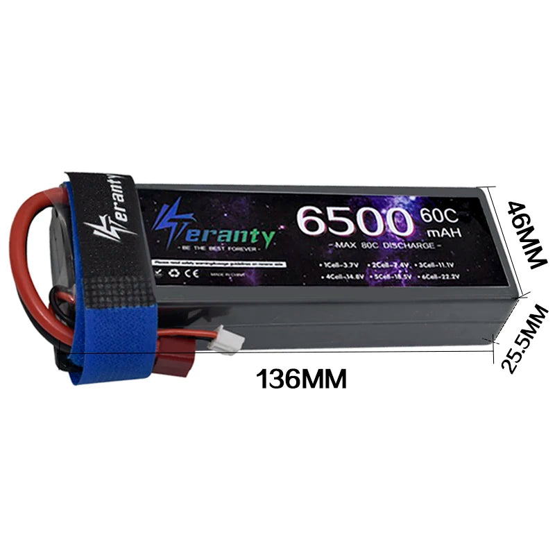 7.4V Hard Case Battery Teranty 2S 6500mah 60C Lipo Battery With T Plug For RC Car Boat Vehicles Helicopter Truck Truggy Traxxas