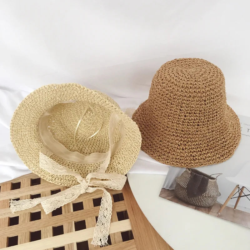 Summer Children Lace Solid Straw Hat Outdoor Girl Baby Fashion Sunscreen Cap Infant Fisherman's Caps Kid Vacation Casual Hats
