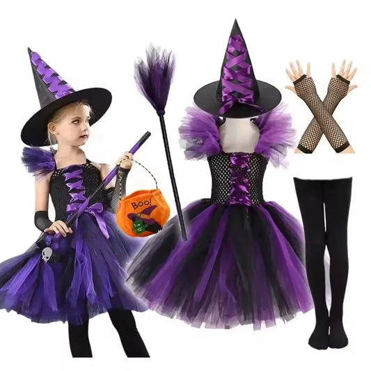 Kids Halloween Witch Costumes for Girls Carnival Party Fancy Dress Children Witches Disguise Tutu Outfit Clothes with Broom Hat