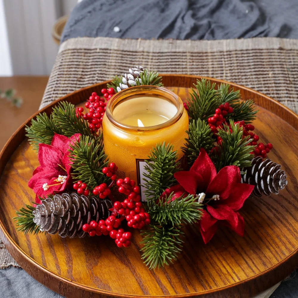 Red Christmas Flowers Wreath Artificial Berries Pinecone Pine Candlestick Wreaths Garland Candle Ring Table Home Party Decor