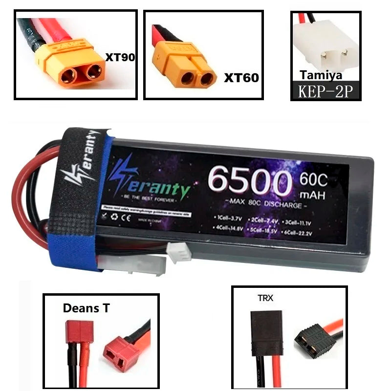 7.4V Hard Case Battery Teranty 2S 6500mah 60C Lipo Battery With T Plug For RC Car Boat Vehicles Helicopter Truck Truggy Traxxas