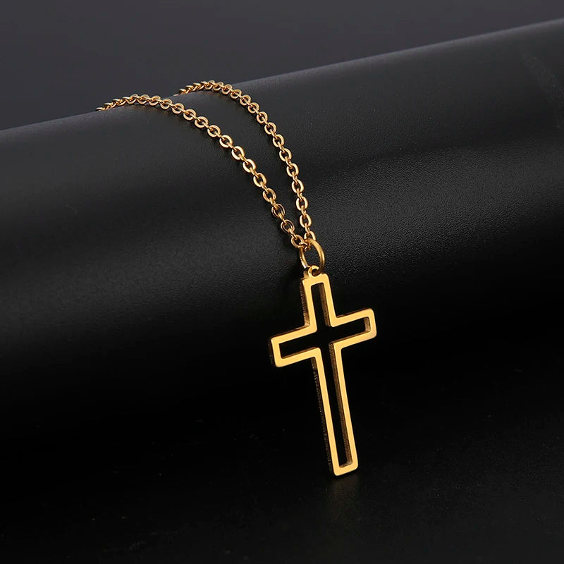 Openwork Cross Pendant Necklace for Women New Fashion Stainless Steel Gold Silver Color Necklace Jewelry Christmas Gift