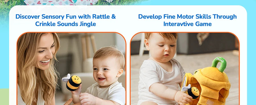 Baby Toys 6-12 Months Soft Baby Beehive with 5 Sensory Bee Rattle Mirror Crinkle Squeaker Busy Montessori Soft Toy for Toddlers