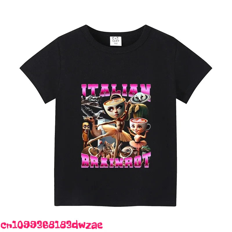 Italian Brainrot Animals Kids Cotton T-shirt Cappuccino Assassino Short Sleeve Tops for Kids Funny Meme Cute Tee Summer Clothing