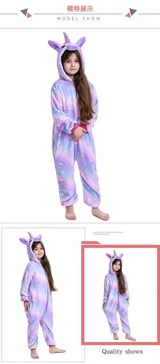 Kids Unicorn Animal Jumpsuits Cartoon Pajamas Cosplay Holiday Costume Cat Panda Flannel Sleepwear for Children Outfits 4-12Yrs